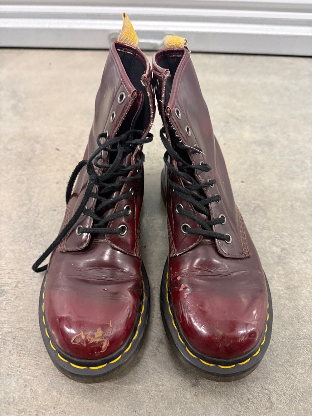 Dr. Martens Women's Burgundy Lace-Up Boots with Yellow Stitching